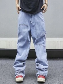 Manfinity EMRG Jeans holgados, de pierna ancha, informales y holgados con bolsillos para hombre