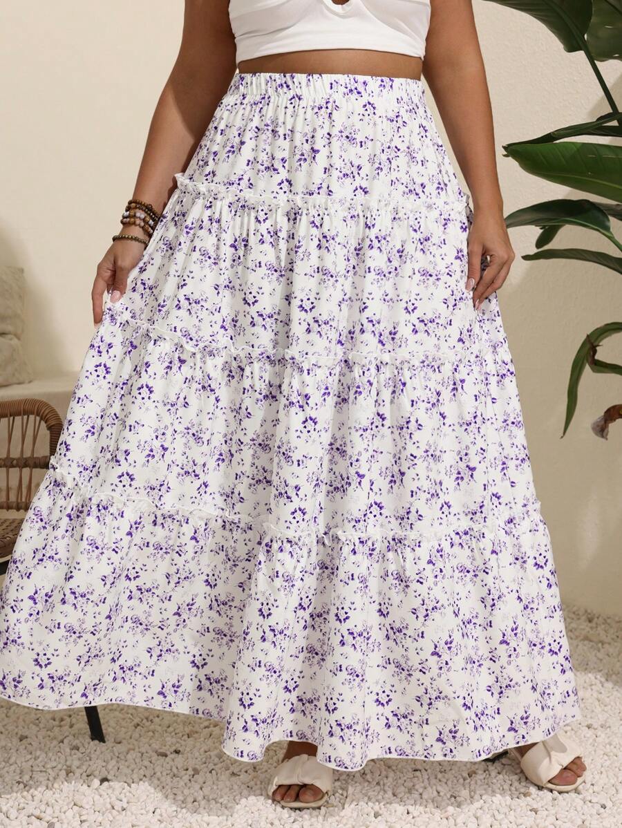 SHEIN VCAY Jupe longue à fleurs Ditsy décontractée pour grandes tailles - Prune - Voir 1