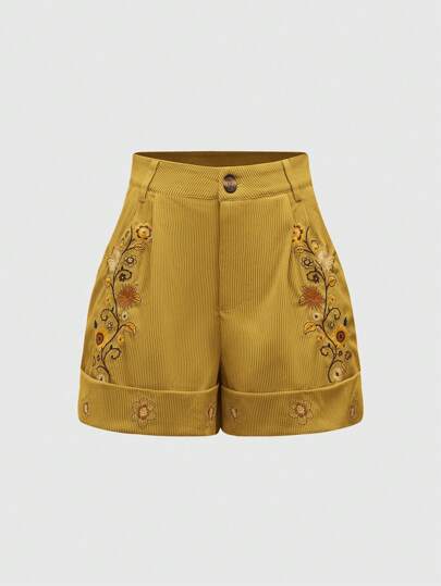 Hippie شورت نسائي بأسلوب بوهيمي مطرز بالزهور واسع المرونة مع أطراف فضفاضة