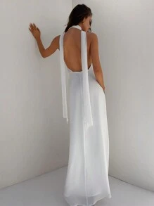 Aloruh Women's Spring/Summer Wedding Season Party Deep V-Neck Backless Halter Chiffon Cinched Waist A-Line Dress,White Graduation Dress - White - View 2