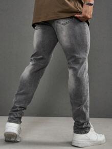 Manfinity Homme 男士純色簡約日常拉鍊灰色牛仔褲 - 灰色 - 查看 2