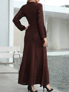 优雅秋冬长裙，圣诞新年时尚镂空修身长袖圆领简约纯色针织毛衣裙，情人节长款派对礼服 - 巧克力棕 - 查看 2