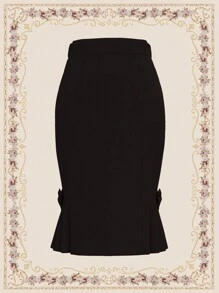 Vintamour Falda de rodilla elegante y vintage para mujer, falda ajustada negra de verano con decoración de lazo, ropa de maestra, falda negra de estilo 'old money' de negocios casuales, estética 'old money' para mujer - Negro - Ver 3