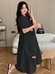 DAZY 女士可爱蝴蝶结装饰高腰短袖夏季连衣裙，荷叶边长款连衣裙 - 黑色 - 查看 4