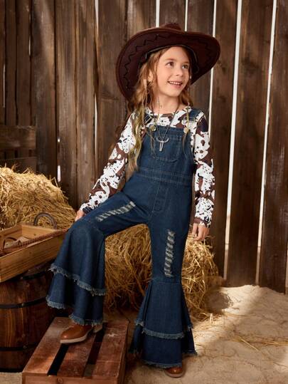 SHEIN Young Girl Casual Street Style Round Neck Long Sleeve T-Shirt And Distressed Fringed Flared Jeans Overalls Set