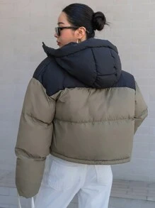 DAZY Abrigo corto acolchado con capucha y bloques de color para mujer, ropa de invierno, ropa de invierno para mujer, abrigo acolchado chaqueta para mujer escuela - Verde Oliva - Ver 2