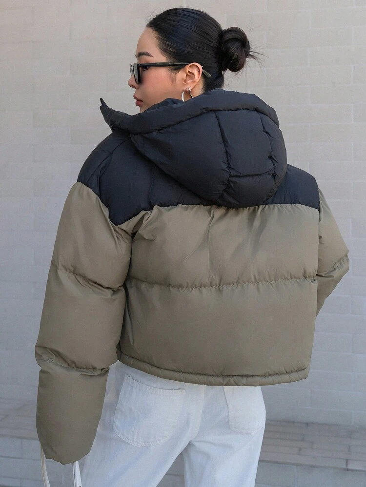 Color Block Hooded Short Padded Padded Coat For Women, Winter Clothes,Winter Women Clothes,Padded Coat Women Jacket