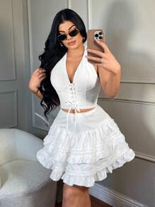 SHEIN SXY High-Waisted Multi-Layer Lace Mini White Skirt, Sexy Western Wear Birthday Bachelorette Party Concert Club Graduation Skirt - White - View 5