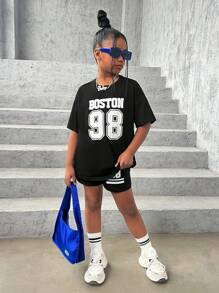 SHEIN Tween Girl Letter Graphic Drop Shoulder Tee & Shorts - Black - View 3