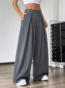 SHEIN EZwear 高腰寬腿折皺純色長褲，流暢輪廓，休閒風格 - 黑色 - 查看 2