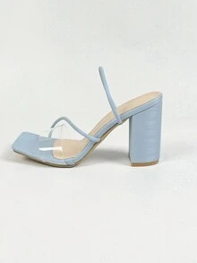 Sandalias de tacón alto color azul claro para dama con punta cuadrada, tacón grueso, tira transparente, suave, sexy, de moda, versátiles y cómodas que realzan la altura y la longitud de las piernas - Celeste - Ver 5