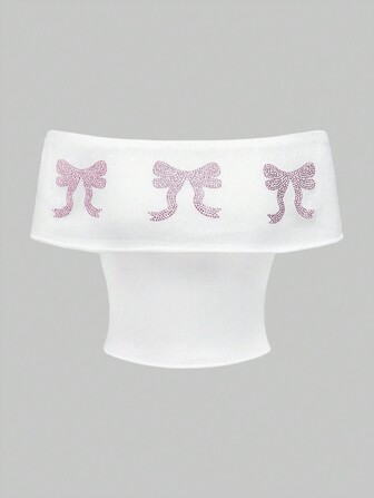 Kawaii Bow Pattern Off Shoulder Knit Top