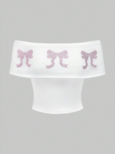 Kawaii Bow Pattern Off Shoulder Knit Top