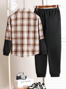 SHEIN Ragazzo Tween primavera/autunno casual a quadri Patchwork 2 in 1 camicia e pantaloni outfit