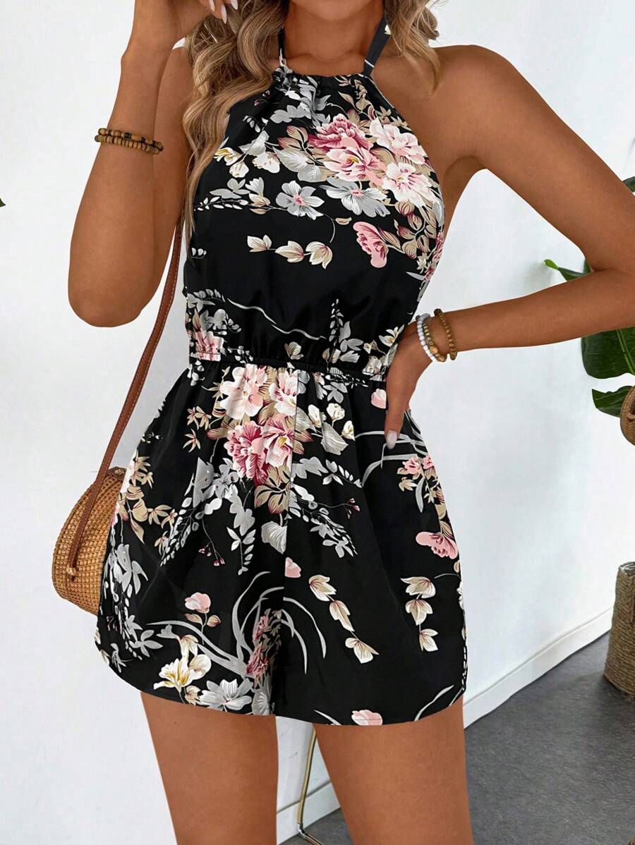 Breezaya Floral Print Tie Backless Halter Romper For Summer Vacation