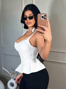 SHEIN SXY 女士纯色荷叶边下摆吊带背心白色上衣校园派对性感优雅 - 白色 - 查看 6