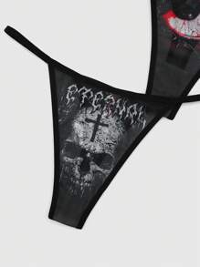 ROMWE Goth 3入組黑色頭骨和眼睛印花網狀丁字褲套組 - 黑色 - 查看 3