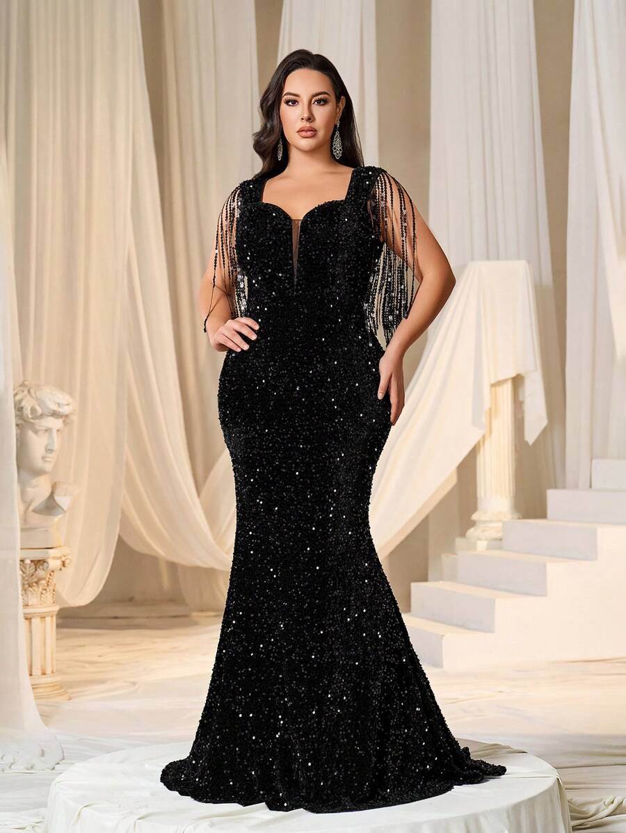 Faeriesty 加流苏边甜心领美人鱼下摆亮片派对礼服黑色优雅正式晚会舞会婚礼宾客礼服，适合毕业典礼、晚宴