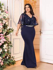 SHEIN Belle Vestido de madre de estilo sirena elegante azul marino talla grande, con detalles de lentejuelas lujosos en telas elásticas, escote en V, mangas tipo capa y perfecto para ocasiones formales. - Azul Marino - Ver 2