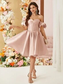 SHEIN Belle 女士纯色露肩短款泡泡袖优雅鸡尾酒会礼服舞会半正式婚礼宾客礼服，适合生日、毕业典礼、返校节 - 粉色 - 查看 8