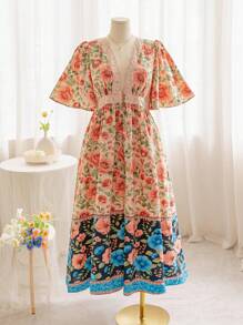 Soleia Plus Size Women's Floral Splice Contrast Graphic Print Maxi Festival Boho Beach Shirt Dress