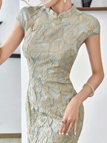 Modelyn 1 chiếc Sườn xám xẻ đùi họa tiết hoa thanh lịch, Sườn xám/Sườn xám hiện đại cải tiến theo phong cách Trung Hoa thanh lịch - Màu xanh lam - Xem 1