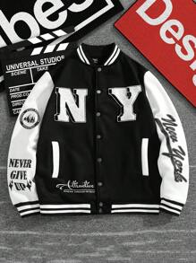 Manfinity Campus Court Áo khoác Varsity họa tiết sọc in khẩu hiệu dành cho nam, Áo khoác bóng chày dài tay họa tiết chữ đi chơi dạo phố, Quà tặng cho bạn bè, chồng, bạn trai - Đen và trắng - Xem 3