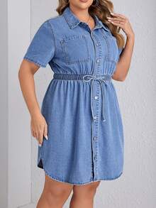 SHEIN Essnce Women's Plus Size Simple Solid Color Short Sleeve Denim Dress For Daily Wear - Light Wash - View 4