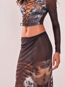 MUSERA Sheer Mesh Tiger Face Print Low Rise Maxi Skirt, For Wedding Guest, Summer, Elegant - Multicolor - View 5