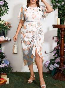 SHEIN Clasi Plus Size Round Neck Floral Printed Drawstring Ruched Summer Short Sleeve Dress - Multicolor - View 5