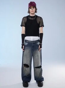 Manfinity Denimwave Simple Daily Distressed Jeans för män, Street Style - Blågrön - Visa 6