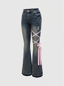 ROMWE J-Fashion Y2K Lace-Up Vintage Low Rise Flared Women's Jeans With Distressed Details, School - Grey - View 1