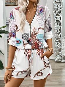 EMERY ROSE Loose Casual  Printed Vacation Women's 2pcs Set, Half-Zip Shirt And Shorts Fall Cloth For Women - Multicolor - View 3