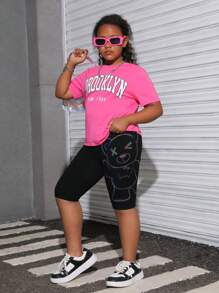 SHEIN Tween Girls' Extended Size  Casual Waist Letter Print Short Leggings