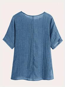 EMERY ROSE Summer Solid Short Sleeve Round Neck Blouse - Blue - View 2