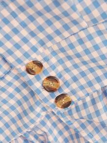 SHEIN Clasi 女士夏季格紋深V領蓋袖單排釦優雅連衣裙