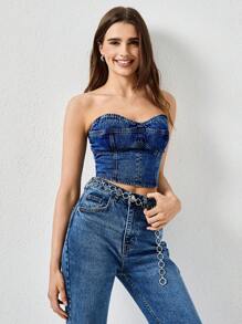 SHEIN Cottnline SLEEVELESS BLUE CROP JEAN TOP - Medium Wash - View 4