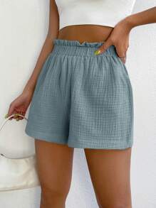 SHEIN EZwear 女裝休閒顯瘦純色荷葉邊沙灘短褲