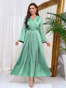 Ladies' Arab-Style V-Neck Long Sleeve Dress In Rose Red With Rhinestones And Waist Belt - Green - View 5