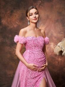 Maternity Off Shoulder Split Thigh Sequin Party Elegant Dress
