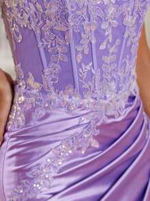 Lilac Elegnat Mermaid Lace Evening Dresses Long With High Slit Cross Back Deep V-Neck Sparkly Lace Prom Party Gowns For Women Elegant Formal Wedding Guest Dress, For Graduation, Dinner - Màu Lilac Tím - Xem 8