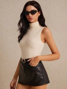 SHEIN Frenchy Turtleneck Ribbed Knit Tank Top Winter Casual - Beige - View 5