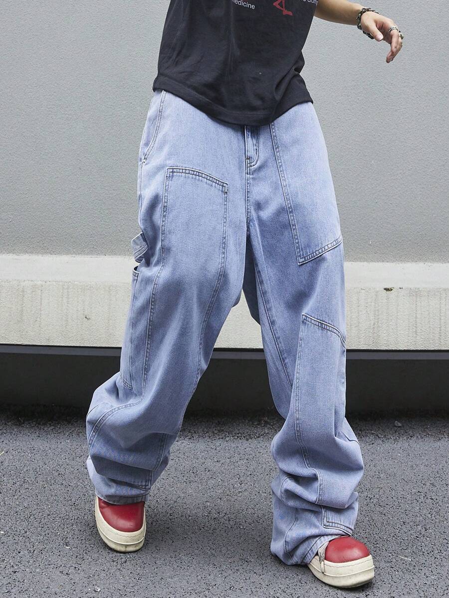 Manfinity EMRG Jeans holgados, de pierna ancha, informales y holgados con bolsillos para hombre