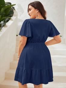 SHEIN VCAY 加大號蝴蝶袖荷葉邊打結前襟裙 - 藏蓝色 - 查看 2
