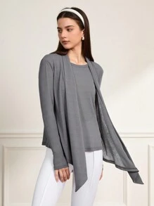 Menodora SHEIN Sport 女性春夏季純色長袖拉鍊連帽外套 - 灰色 - 查看 3