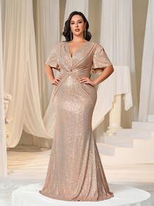 Faeriesty Váy dạ hội trang trọng cỡ lớn thanh lịch với cổ chữ V sâu, tay áo nhún bèo tinh tế và viền váy đuôi cá tôn dáng cho các buổi dạ tiệc, đám cưới, tiệc chiêu đãi, sự kiện công ty và lễ trao giải - Rượu sâm banh - Xem 5