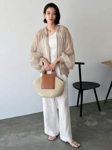 FRIFUL Zip Up Long Sleeve Bomber Jacket Sheer