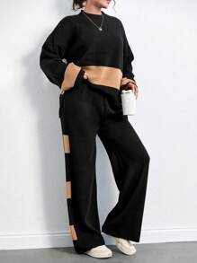 SHEIN Tall Women's Color Block Knitted Sweater Two Pieces Set, Tall Women - Black - View 1