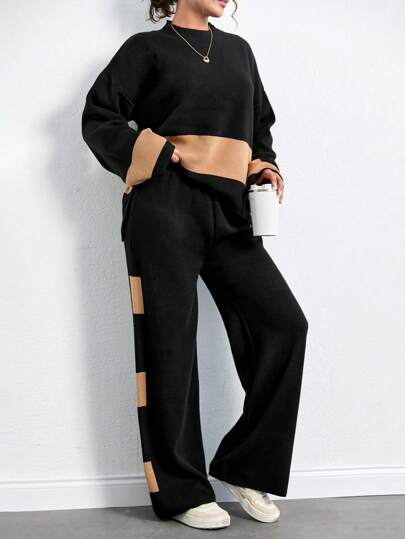 SHEIN Tall Women's Color Block Knitted Sweater Two Piece Set