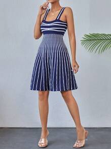 SHEIN Cottnline Women Navy Blue And White A-Line Dress - Navy Blue - View 1